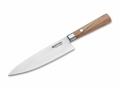 uma faca importada da alemanha da marca böker, com lâmina de aço damasco e cabo de madeira de nogueira nobre