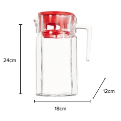 uma jarra de vidro um tampa de plástico vermelha com suas dimensões correspondentes