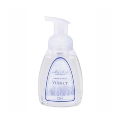 Frasco transparente de sabonete líquido em espuma aroma Winter, da marca Mels Brushes, imagem com fundo branco.