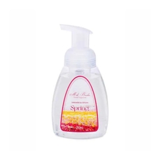 Frasco transparente de sabonete líquido em espuma aroma Spring, da marca Mels Brushes, imagem com fundo branco.