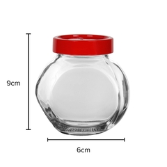 pote de vidro com tampa vermelha para guardar temperos e condimentos com suas medidas correspondentes