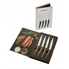 um jogo c/ 4 facas de carne ou churrasco de aço japonês com cabo de madeira da marca italiana Legnoart em um estojo de facas