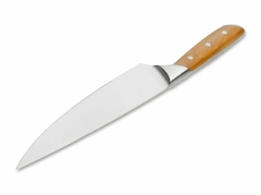 Uma faca para cozinha, com lâmica de aço inox, bem afiada e com cabo de madeira, da marca Böker importada da Alemanha