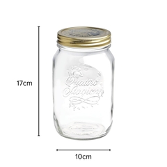 um pote de vidro decorado com tampa de metal e suas medidas correspondentes da marca italiana bormioli rocco