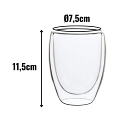 copo de parede de vidro duplo com suas medidas correspondentes
