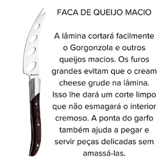 uma faca para queijo mole com lâmina de aço inox e cabo de madeira da marca italiana Legnoart