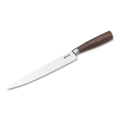 Uma faca importada da Alemanha, com lâmina de aço inox e um cabo de madeira de nogueira, utilizada para cortar carne, da marca Böker