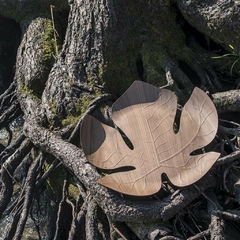 uma bandeja de madeira em formato de folha na natureza