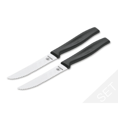 Duas facas com lâmina serrilhada de aço inox e cabo preto, importada da Alemanha - Solingen, marca Böker