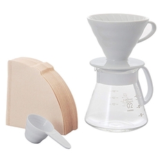 Kit V60 Hario Em Cerâmica Branco, Jarra De Vidro E 40 Filtros