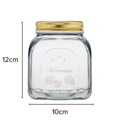 um pote de vidro com tampa de metal da linha homemade da marca da pasabahçe com as medidas de 12cm por 10cm