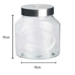 um pote de vidro com tampa de metal prata e suas dimensões correspondentes
