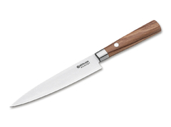 uma faca importada com lâmina de aço damasco e cabo de madeira de oliveira böker