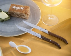 Um prato com duas facas com cabo de madeira e lâmina de aço e um pouco de comida