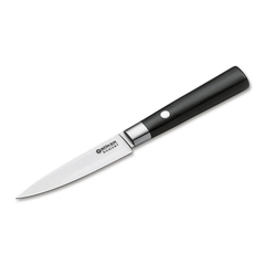 uma faca de cozinha pequena, com lâmina de aço damasco de 9cm para legumes e cabo preto importada da alemanha