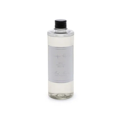 Frasco transparente de refil difusor para ambiente de aroma Pacific House, rótulo branco, da marca Mels Brushes, imagem com fundo branco.
