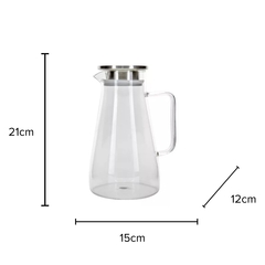 uma jarra de vidro com tampa de inox e suas medidas correspondentes