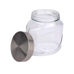um pote de vidro aberto com tampa de metal prata do lado