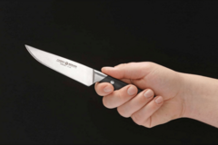 uma pessoa segurando uma faca de cozinha pequena, com lâmina de aço inox e cabo preto