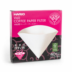 Filtro de papel Hario V60 branco, embalagem com 40 unidades, tamanho 03, ideal para preparar café.