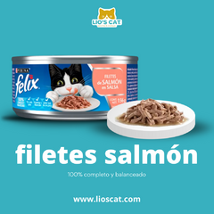 Descubre la deliciosa y nutritiva Lata Felix Filetes de Salmón en Salsa 156gr, un alimento húmedo irresistible para gatos adultos de todas las razas. Disponible en Lio's Cat.