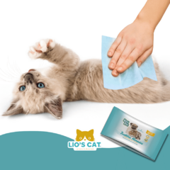 Gato disfrutando de la limpieza con las toallitas DRY PETS, libres de alcohol y hipoalergénicas. DRY PETS Toallitas Húmedas para perros y gatos, 40 piezas. Hipoalergénicas, eliminan suciedad y olores de manera efectiva. Enriquecidas con ingredientes natur