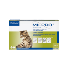 Embalaje del desparasitante Milpro para gatitos, mostrando un gato pequeño y detalles del producto.