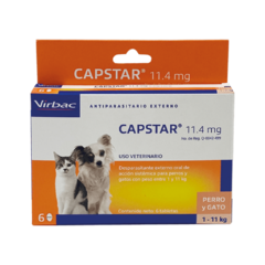 Caja de Virbac Capstar® para el control de pulgas en gatos y perros, contiene 6 tabletas de 11.4 mg.