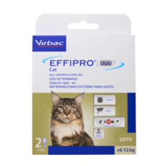 Virbac Effipro Dúo Gato, solución antiparasitaria para eliminar pulgas y garrapatas en gatos. Virbac Effipro Dúo Cat, solución antiparasitaria para gatos, elimina pulgas y garrapatas y previene nuevas infestaciones por 4 semanas. Fácil de aplicar y seguro