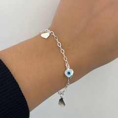 Pulseira Elos com Pingente Coração Olho Grego e Liso Pendurado Prata - comprar online