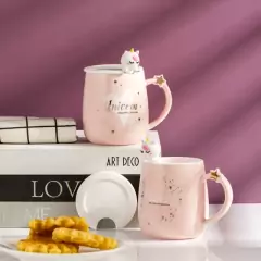 Taza de Cerámica con tapa y cucharita modelos unicornio