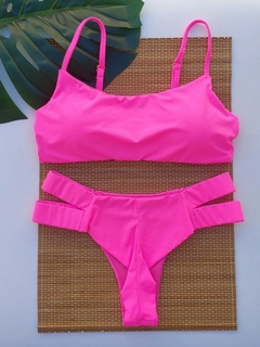 TOP CARIBE E CALCINHA FIO DUPLO 2 TIRAS (PINK FLUORESCENTE)