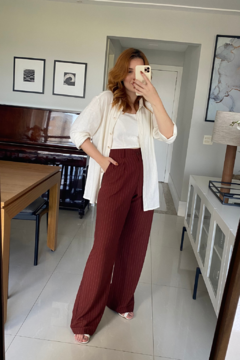 Calça Pantalona Theodora - Marrom Risca de Giz - comprar online