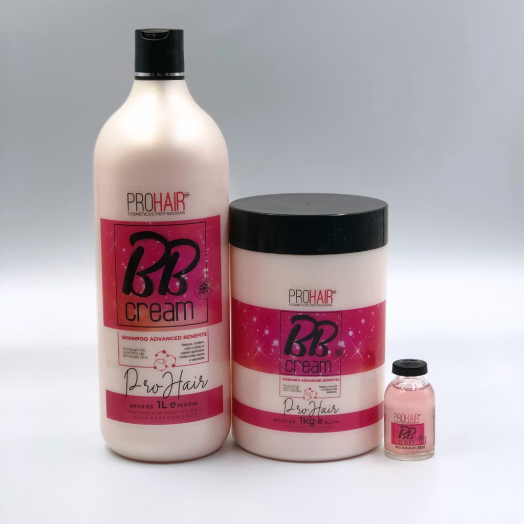 Kit Profissional BB Cream Reconstrução Profunda Máscara 1Kg + Shampoo 1L +  Ampola 18Ml (3 Produtos)