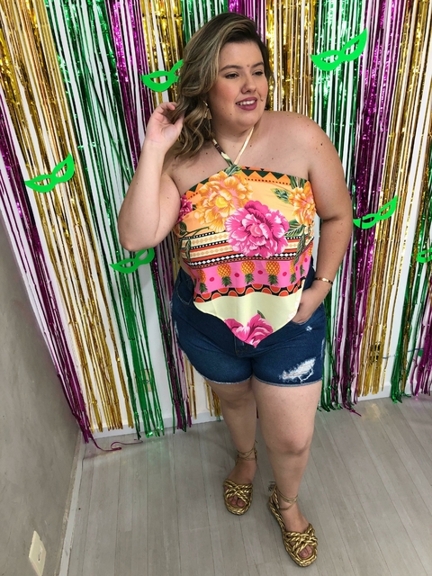 Conjunto três peças cropped short e kimono estampado laranja – Lavinny Store