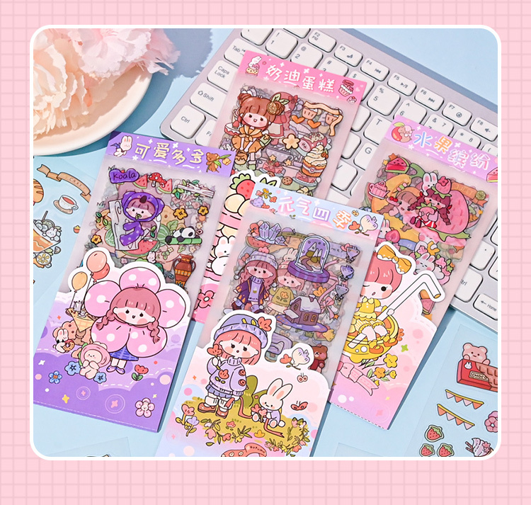 Cartelas de adesivos PET kit menininha kawaii fofa