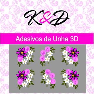 Adesivo de Unha 3D Flor Rosa com Florzinha Rosa e Branca