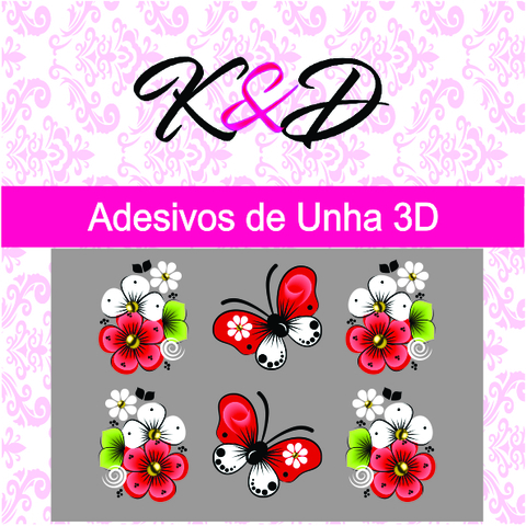 Adesivo de Unha 3D Flor Vermelha e Branca com Borboleta