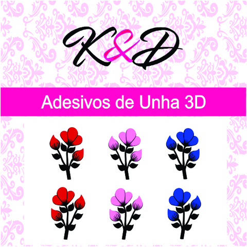 Adesivo de Unha 3D Tulipas Vermelha,Rosa e Azul
