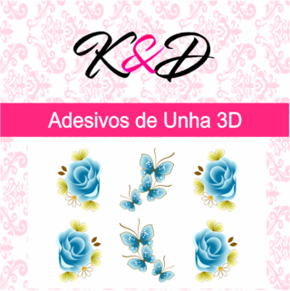 Adesivo de Unha 3D Flor Azul e Borboletas