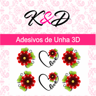 Adesivos de Unha 3D Flor Vermelha e Coração com Love