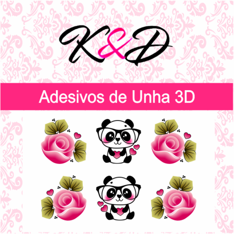 Adesivos de Unha 3D Flor Rosa e Panda de Óculos