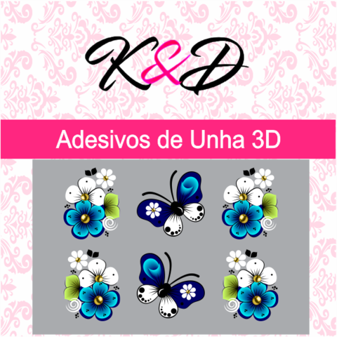 Adesivos de Unha 3D Flor Branca e Azul e Borboleta