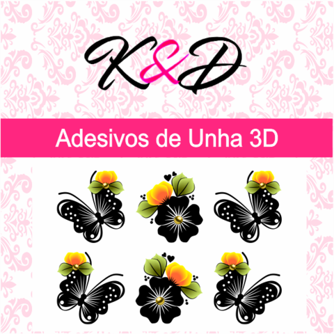 Adesivos de Unha 3D Borboleta e Flor Preta com Detalhe Amarelo