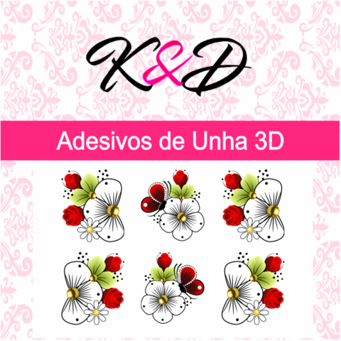 Adesivos de Unha 3D Flor Branca de Lado com Detalhe Vermelho