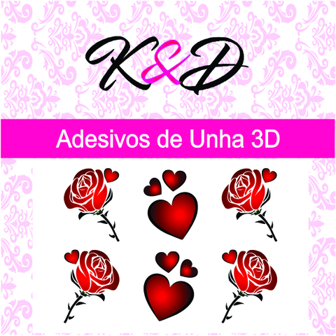 Adesivo de Unha 3D Rosa Vermelha e Coração