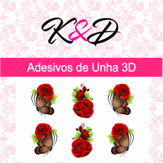 Adesivo de Unha 3D Borboleta Marrom e Flor Vermelha