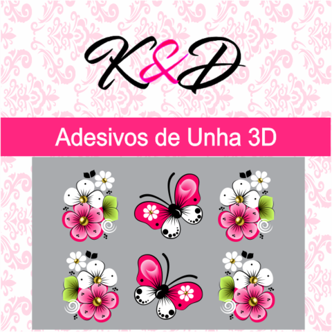 Adesivo de Unha 3D Flor Branca e Rosa e Borboleta