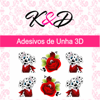 Adesivo de Unha 3D Dálmata e Flor Vermelha