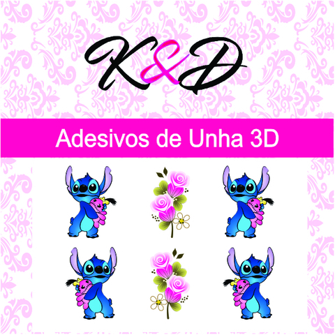 Adesivo de Unha 3D Stitch e Tulipa Rosa